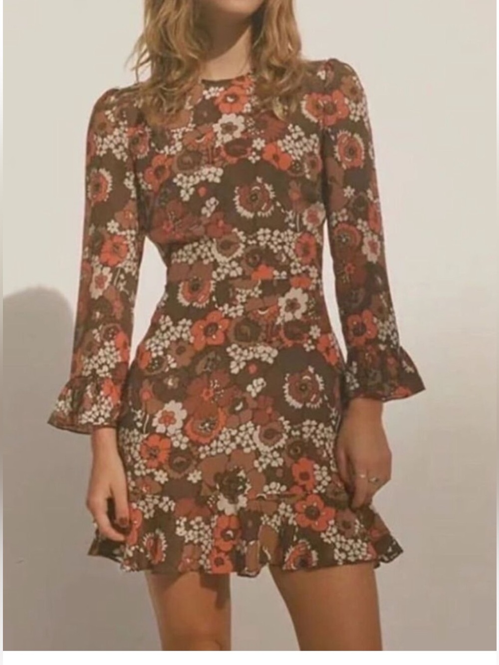 Realisation Par Brown Floral Long Sleeve Mini Dress with Orange Accents